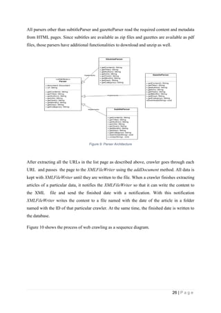 26 | P a g e
All parsers other than subtitleParser and gazetteParser read the required content and metadata
from HTML pages. Since subtitles are available as zip files and gazettes are available as pdf
files, those parsers have additional functionalities to download and unzip as well.
Figure 9: Parser Architecture
After extracting all the URLs in the list page as described above, crawler goes through each
URL and passes the page to the XMLFileWriter using the addDocument method. All data is
kept with XMLFileWriter until they are written to the file. When a crawler finishes extracting
articles of a particular data, it notifies the XMLFileWriter so that it can write the content to
the XML file and send the finished date with a notification. With this notification
XMLFileWriter writes the content to a file named with the date of the article in a folder
named with the ID of that particular crawler. At the same time, the finished date is written to
the database.
Figure 10 shows the process of web crawling as a sequence diagram.
 
