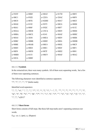 68 | P a g e
u+FEFF
u+00C1
u+00C0
u+00AE
u+00A1
u+00AA
u+00BA
u+00A4
u+00BC
u+00BE
u+00D3
u+00F8
u+00BD
u+02C6
u+00B5
u+F02E
u+007E
u+0192
u+008F
u+00EB
u+00CE
u+2030
u+00BB
u+00AB
u+00E0
u+00FD
u+0153
u+00B9
u+00A5
u+22C6
u+02DD
u+F075
u+F02C
u+25CA
u+0141
u+00EA
u+00D5
u+00C4
u+00E1
u+007F
u+00C9
u+017D
u+20AC
u+00A7
u+00C6
u+00F7
u+00E9
u+00AF
u+00E9
u+00E6
u+00EE
u+00EF
u+00D2
u+00AF
u+00F5
u+00F9
u+00E5
u+00D8
u+0152
u+00D4
u+00DC
u+00D6
u+00DB
u+00CF
u+00F1
u+0081
u+00A2
4.6.1.1.3 Symbols
In the extracted text, there were many symbols. All of them were separating words, but a few
of them were separating sentences.
The following characters were identified as sentence separators:
“?”, “!”, “;”, “:”, “•” (bullet mark)
Identified word separators:
".", ",", "n", " ", "¸", "‚", """, "/", "-", "|", "", "—", "¦", "”", "‘", "'", "“", "’", "´", "´", "!",
"@", "#", "$", "%", "^", "&", "*", "+", "-", "£", "?", "˜", "(", ")", "[", "]", "{", "}",
":", ";", "u2013"
4.6.1.1.3 Short forms
Short forms consists of full stops. But those full stop marks aren’t separating sentences nor
words.
E.g.: පප. ව. (pm), රු. (Rupees)
 