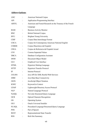 viii
Abbreviations
ANC : American National Corpus
API : Application Programming Interface
ARTFL : American and French Research on the Treasury of the French
Language
BAM : Business Activity Monitor
BNC : British National Corpus
BYU : Brigham Young University
CDIF : Corpus Data Interchange Format
COCA : Corpus for Contemporary American National English
CORDE : Corpus Diacrónico del Español
CREA : Corpus de Referencia del Español Actual
CSV : Comma Separated Values
DBCA : Database Configuration Assistant
DOM : Document Object Model
GUI : Graphical User Interface
HTML : Hypertext Markup Language
HTTP : Hypertext Transfer Protocol
IP : Internet Protocol
JAX-RS : Java API for XML Restful Web Services
JDBC : Java Data Base Connectivity
JSON : JavaScript Object Notation
KWIC : Keyword in Context
LDAP : Lightweight Directory Access Protocol
NLP : Natural Language Protocol
NoSQL : Not only Structured Query Language
OCR : Optical Character Recognition
OS : Operating System
OUI : Oracle Universal Installer
PL/SQL : Procedural Language/Structured Query Language
POS : Part of Speech
REST : Representational State Transfer
RSS : Rich Site Summary
 