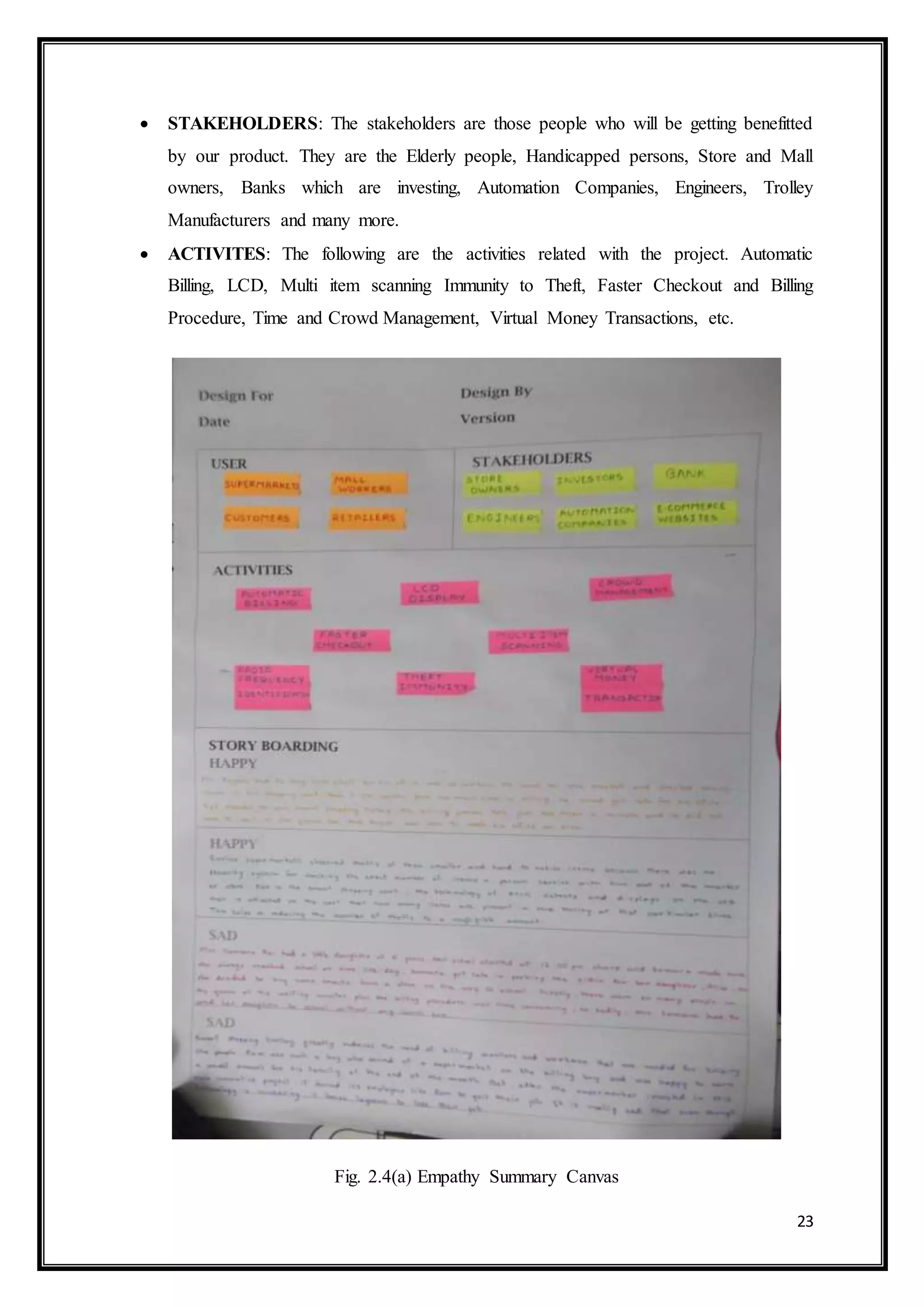 23
 STAKEHOLDERS: The stakeholders are those people who will be getting benefitted
by our product. They are the Elderly people, Handicapped persons, Store and Mall
owners, Banks which are investing, Automation Companies, Engineers, Trolley
Manufacturers and many more.
 ACTIVITES: The following are the activities related with the project. Automatic
Billing, LCD, Multi item scanning Immunity to Theft, Faster Checkout and Billing
Procedure, Time and Crowd Management, Virtual Money Transactions, etc.
Fig. 2.4(a) Empathy Summary Canvas
 