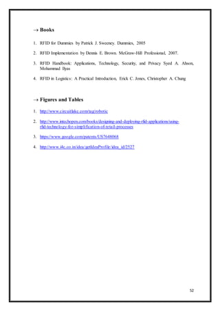 52
 Books
1. RFID for Dummies by Patrick J. Sweeney. Dummies, 2005
2. RFID Implementation by Dennis E. Brown. McGraw-Hill Professional, 2007.
3. RFID Handbook: Applications, Technology, Security, and Privacy Syed A. Ahson,
Mohammad Ilyas
4. RFID in Logistics: A Practical Introduction, Erick C. Jones, Christopher A. Chung
 Figures and Tables
1. http://www.circuitlake.com/tag/robotic
2. http://www.intechopen.com/books/designing-and-deploying-rfid-applications/using-
rfid-technology-for-simplification-of-retail-processes
3. https://www.google.com/patents/US7648068
4. http://www.i4c.co.in/idea/getIdeaProfile/idea_id/2527
 