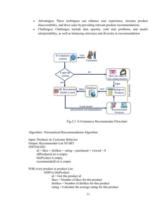 11
 Advantages: These techniques can enhance user experience, increase product
discoverability, and drive sales by providing relevant product recommendations.
 Challenges: Challenges include data sparsity, cold start problems, and model
interpretability, as well as balancing relevance and diversity in recommendation
Fig.2.3 E-Commerce Recommender Flowchart
Algorithm : Personalized Recommendation Algorithm
Input: Products id, Customer Behavior
Output: Recommender List START
INITIALIZE:
id = likes = dislikes = rating = purchased = viewed = 0
allProductsList is empty
thisProduct is empty
recommendedList is empty
FOR every product in product List:
ADD to thisProduct:
id = Get this product id
likes = Number of likes for this product
dislikes = Number of dislikes for this product
rating = Calculate the average rating for this product
 