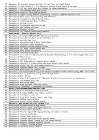 47 Fabrication Of Automatic Conveyor Belt With Pick And Place And Digital Counter
48 Fabrication Of Multi - Purpose Or 3 In 1 Mechanical Machine (Drilling, Shaping & Hacksaw)
49 Fabrication Of Pick And Place Robot With Gripper For Industrial Applications
50 Fabrication Of Line Following Robot With Fork Lift
51 Fabrication Of Automatic 2 And 3 Point Drill Machine
52 Fabrication Of Digital Counting Machine Implementing Conveyors Using Metal Detection Sensor
53 Fabrication Of Board Cleaner Mechanism Using Rack And Pinion
54 Fabrication Of Automatic Hand Wash And Soap Solution
55 Fabrication Of Portable Vegetable Cutter And Slicer
56 Fabrication Of Rotating Fork Lift
57 Fabrication Of Line Following Robot With Fork Lift
58 Fabrication Of Glass Cleaning Mechanism
59 Fabrication Of Groundnut Thruster
60 Fabrication Of Fully Automatic Chapati Making Machine
MECHATRONICS / ROBOTICS PROJECT TITLES
61 Fabrication And Development Of Robot That Approaches Pedestrians
62 Fabrication Of Automatic Firing Based On Micro Controller 1
63 Fabrication Of Automatic Page Turner
64 Fabrication Of Automatic Window Or Glass Cleaning Robot
65 Fabrication Of Whiteboard Cleaning Mechanism
66 Fabrication Of Automatic Foot Dust Cleaning Machine
67 Fabrication Of Flex Sensor Operated Robotic Arm
68 Fabrication Of Haptic Robotic Arm (Wireless)
69 Fabrication Of Intelligent Combat Robot
70 Fabrication Of Lower Limb Powered Exoskeleton For Paraplegic People Assisting In Their Walking Augmentation Using
Flex Sensor And Accelerometer
71 Fabrication Of Motorized Wheel Chair
72 Fabrication Of WSN Based Advanced Irrigation Vehicle – Agribot
73 Fabrication Of Advanced 5 In 1 Multi-Purpose Agricultural Robotic Vehicle - Agribot
74 Fabrication Of Rescuer Device For Lifting Infants Struck In Pits
75 Fabrication Of Unmanned Railway Gate Controller
76 Fabrication Of Haptic Robotic Arm (Wireless) And Camera
77 Fabrication And Development Of Data Acquisition Robot For Toxic Environmental Monitoring Using WSN – Kroto Finder
78 Fabrication Of Pick And Place Using Moving Vehicle Through Remote
79 Fabrication Of Smart Windows
80 Fabrication Of Design And Development Of Pc Controlled Small Unit Unmanned Vehicle For Today’s Army
81 Fabrication Of Voice Enabled Wheel Chair
82 Fabrication Of Wall Painting Robot
83 Fabrication Of Waste Separation Using Smart Dustbin
84 Fabrication And Development Of Wheelchair Cum Stretcher
BICYCLE / PEDAL OPERATED BASED PROJECT TITLES
85 Fabrication Of Hybrid Multi-Purpose Peddling Machine
86 Fabrication Of Pedal Operated Real Time Hacksaw Machine
87 Fabrication Of Pedal Powered Flour Mill
88 Fabrication Of Hybrid Water Pumping System Using Pedal
89 Fabrication Of Peddling Washing Machine
90 Fabrication Of Battery Operated Pedaling Bicycle
PNEUMATICS AND HYDRAULICS BASED PROJECT TITLES
91 Fabrication Of Intelligent Reverse Braking System
92 Fabrication Of Air Brake System Using Engine Exhaust Gas
93 Fabrication Of Automated Crane Pneumatics
94 Fabrication Of Pneumatic Operated Emergency Overwing Exit System In Aircrafts
95 Fabrication Of Pneumatic Jack For Car
96 Fabrication Of Hydraulic Based Mobile Crane
97 Fabrication Of Pneumatic Can Crusher Project Idea And Design
98 Fabrication Of Pneumatic Modern Tripping With 360 Degree Rotation
99 Fabrication Of Automatic Pneumatic Ramming Machine
100 Fabrication Of Automatic Punching Machine
101 Fabrication Of Pneumatic Riveting Machine
 