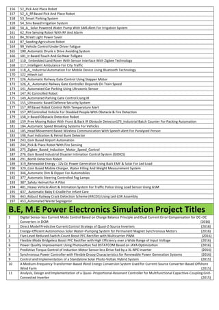 156 52_Pick And Place Robot
157 52_A_Rf Based Pick And Place Robot
158 53_Smart Parking System
159 54_Sms Based Irrigation System
160 54_A_ Solar Powered Water Pump With SMS Alert For Irrigation System
161 62_Fire Sensing Robot With RF And Alarm
162 84_Street Light Power Saver
163 87_Seeding Agriculture Robot
164 99_Vehicle Control Under Driver Fatigue
165 100_Automatic Drunk n Drive Avoiding System
166 101_Ir Based Touch And Go Near Tollgate
167 110_ Embedded Land Rover With Sensor Interface With Zigbee Technology
168 117_Intelligent Ambulance For City Traffic
169 118_A_ Industrial Automation For Mobile Device Using Bluetooth Technology
170 122_Hitech Jail
171 126_Automatic Railway Gate Control Using Stepper Motor
172 126_A_ Automatic Railway Gate Controller Depends On Train Speed
173 141_Automated Car Parking Using Ultrasonic Sensor
174 147_Pc Controlled Robot
175 149_Automated Parking Gate Control Using IR
176 155_Ultrasonic Based Defence Security System
177 157_Rf Based Robot Control With Temperature Alert
178 157_Rf Controlled Vehicle For Disabled People With Obstacle & Fire Detection
179 158_Ir Based Obstacle Detection Robot
180 159_Free Moving Robot With Front & Back IR Obstacle Detector173_Industrial Batch Counter For Packing Automation
181 184_Automatic Speed Breaking Systems For Vehicles
182 185_Head Movement Based Wireless Communication With Speech Alert For Paralyzed Person
183 198_Fuel Indication & Petrol Bunk Detector
184 243_Gsm Based Airport Automation
185 244_Pick & Place Robot With Fire Sensing
186 275_Zigbee_Based_Induction_Motor_Speed_Control
187 276_Gsm Based Industrial Disaster Intimation Control System (GIDICS)
188 291_Bomb Detection Robot
189 319_Renewable Energy - 12v Dc Power Generation Using Back EMF & Solar For Led Load
190 329_Coin Based Mobile Charger, Water Filling And Weight Measurement System
191 346_Automatic Dim & Dipper For Automobiles
192 377_Automatic Steering Controlled Fog Lamps
193 387_Safety Helmet For A Pilot
194 401_Heavy Vehicle Alert & Intimation System For Traffic Police Using Load Sensor Using GSM
195 437_ Automatic Baby E-Cradle For Infant Care
196 443_Robust Railway Crack Detection Scheme (RRCDS) Using Led-LDR Assembly
197 453_Automated Waste Segregator
B.E, M.E Power Electronics Simulation Project Titles
1 Digital Sensor less Current Mode Control Based on Charge Balance Principle and Dual Current Error Compensation for DC–DC
Converters in DCM (2016)
2 Direct Model Predictive Current Control Strategy of Quasi-Z-Source Inverters (2016)
3 Energy–Efficient Autonomous Solar Water–Pumping System for Permanent Magnet Synchronous Motors (2016)
4 Five-Level Reduced-Switch-Count Boost PFC Rectifier with Multicarrier PWM (2016)
5 Flexible Mode Bridgeless Boost PFC Rectifier with High Efficiency over a Wide Range of Input Voltage (2016)
6 Power Quality Improvement Using Photovoltaic fed DSTATCOM Based on JAYA Optimization (2016)
7 Predictive Torque Control of Induction Motor Sensor less Drive Fed by a 3L-NPC Inverter (2016)
8 Synchronous Power Controller with Flexible Droop Characteristics for Renewable Power Generation Systems (2016)
9 Control and Implementation of a Standalone Solar Photo-Voltaic Hybrid System (2015)
10 A Medium-Frequency Transformer-Based Wind Energy Conversion System Used for Current-Source Converter-Based Offshore
Wind Farm (2015)
11 Analysis, Design and Implementation of a Quasi- Proportional-Resonant Controller for Multifunctional Capacitive-Coupling Grid-
Connected Inverter (2015)
 