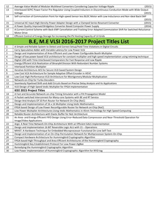 12 Average-Value Model of Modular Multilevel Converters Considering Capacitor Voltage Ripple (2015)
13 Interleaved SEPIC Power Factor Pre-Regulator Using Coupled Inductors in Discontinuous Conduction Mode with Wide Output
Voltage (2015)
14 Self-correction of Commutation Point for High-speed Sensor less BLDC Motor with Low Inductance and Non ideal Back EMF
(2015)
15 Universal AC Input High Density Power Adapter Design with a Clamped Series Resonant Converter (2015)
16 A Power Quality Improved Bridgeless Converter Based Computer Power Supply (2014)
17 A Current Control Scheme with Back-EMF Cancellation and Tracking Error Adapted Commutation Shift for Switched-Reluctance
Motor Drive
18 Efficient Control of Energy Storage for Increasing the PV Hosting Capacity of LV Grids
B.E, M.E VLSI 2016-2017 Project Titles List
1 A Simple and Reliable System to Detect and Correct Setup/Hold Time Violations in Digital Circuits
2 Carry Speculative Adder with Variable Latency for Low Power VLSI
3 Design and Implementation of Area-Efficient and Low-Power Configurable Booth-Multiplier
4 Design of low power based VLSI architecture for constant multiplier and high speed implementation using retiming technique
5 Digital LDO with Time-Interleaved Comparators for Fast Response and Low Ripple
6 Energy-Efficient VLSI Realization of Binary64 Division With Redundant Number Systems
7 Interlaced Partition Multiplier
8 Iterative Architecture AES for Secure VLSI based System Design
9 Low Cost VLSI Architecture for Sample Adaptive Offset Encoder in HEVC
10 Low-Cost High-Performance VLSI Architecture for Montgomery Modular Multiplication
11 Network-on-Chip for Turbo Decoders
12 Seamlessly Pipelined Shift-and-Add Circuits Based on Precise Delay Analysis and Its Applications
13 VLSI Design of High Speed Vedic Multiplier for FPGA Implementation
IEEE 2015 Project Titles
14 A Fast and Accurate Network-on-chip Timing Simulator with a Flit Propagation Model
15 A Packet-switched Interconnect for Many-core Systems with BE and RT Service
16 Design And Analysis Of 10 Port Router For Network On Chip (NoC)
17 Design and Implementation of 16 x 16 Multiplier Using Vedic Mathematics
18 FPGA based Design of Low Power Reconfigurable Router for Network on Chip (NoC)
19 Low Power Multiplier Architectures Using Vedic Mathematics in 45nm Technology for High Speed Computing
20 Reliable Router Architecture with Elastic Buffer for NoC Architecture
21 An Area- and Energy-Efficient FIFO Design Using Error-Reduced Data Compression and Near-Threshold Operation for
Image/Video Applications
22 Argo: A Real-Time Network-On-Chip Architecture With an Efficient GALS Implementation
23 Design and Implementation 16 BIT Reversible Logic ALU with 15 – Operations
24 MIHST: A Hardware Technique for Embedded Microprocessor Functional On-Line Self-Test
25 Design and Implementation of an On-Chip Permutation Network for Multiprocessor System-On-Chip
26 Compact Hardware Architecture for Hummingbird Cryptographic Algorithm
27 FPGA-based High-Throughput and Area-Efficient Architectures of the Hummingbird Cryptography
28 Hummingbird Key Establishment Protocol For Low-Power ZigBee
29 Remedying the Hummingbird Cryptographic Algorithm
30 Low Power Implementation of Hummingbird Cryptographic Algorithm for RFID tag
 