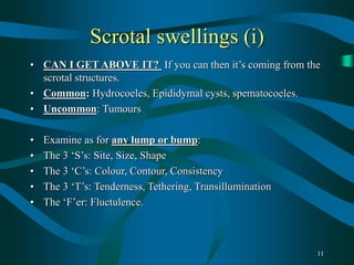 11
Scrotal swellings (i)
• CAN I GET ABOVE IT? If you can then it’s coming from the
scrotal structures.
• Common: Hydrocoeles, Epididymal cysts, spematocoeles.
• Uncommon: Tumours
• Examine as for any lump or bump:
• The 3 ‘S’s: Site, Size, Shape
• The 3 ‘C’s: Colour, Contour, Consistency
• The 3 ‘T’s: Tenderness, Tethering, Transillumination
• The ‘F’er: Fluctulence.
 