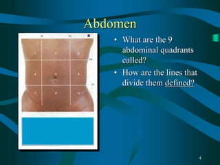 4
Abdomen
• What are the 9
abdominal quadrants
called?
• How are the lines that
divide them defined?
 