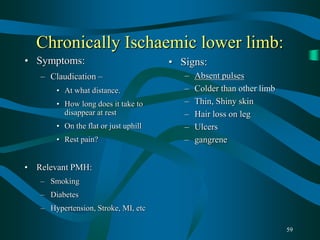 59
Chronically Ischaemic lower limb:
• Signs:
– Absent pulses
– Colder than other limb
– Thin, Shiny skin
– Hair loss on leg
– Ulcers
– gangrene
• Symptoms:
– Claudication –
• At what distance.
• How long does it take to
disappear at rest
• On the flat or just uphill
• Rest pain?
• Relevant PMH:
– Smoking
– Diabetes
– Hypertension, Stroke, MI, etc
 