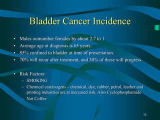 72
Bladder Cancer Incidence
• Males outnumber females by about 2.7 to 1
• Average age at diagnosis is 65 years.
• 85% confined to bladder at time of presentation.
• 70% will recur after treatment, and 30% of these will progress
• Risk Factors:
– SMOKING
– Chemical carcinogens – chemical, dye, rubber, petrol, leather and
printing industries are at increased risk. Also Cyclophosphamide
– Not Coffee
 