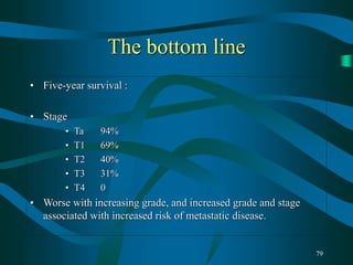 79
The bottom line
• Five-year survival :
• Stage
• Ta 94%
• T1 69%
• T2 40%
• T3 31%
• T4 0
• Worse with increasing grade, and increased grade and stage
associated with increased risk of metastatic disease.
 