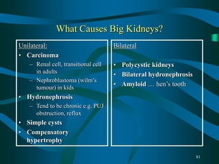 81
What Causes Big Kidneys?
Unilateral:
• Carcinoma
– Renal cell, transitional cell
in adults
– Nephroblastoma (wilm’s
tumour) in kids
• Hydronephrosis
– Tend to be chronic e.g. PUJ
obstruction, reflux
• Simple cysts
• Compensatory
hypertrophy
Bilateral
• Polycystic kidneys
• Bilateral hydronephrosis
• Amyloid … hen’s tooth
 