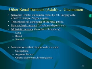 91
Other Renal Tumours (Adult) … Uncommon
• Sarcoma: females outnumber males by 2:1. Surgery only
effective therapy. Prognosis poor.
• Transitional cell carcinoma of the renal pelvis.
• Haematologic tumours (lymphoma deposits etc)
• Metastatic tumours: (In order of frequency)
– Lung
– Breast
– Stomach
• Non-tumours that masquerade as such:
– Oncocytoma
– Angiomyolipoma
– Others: leiomyomas, haemangiomas
 