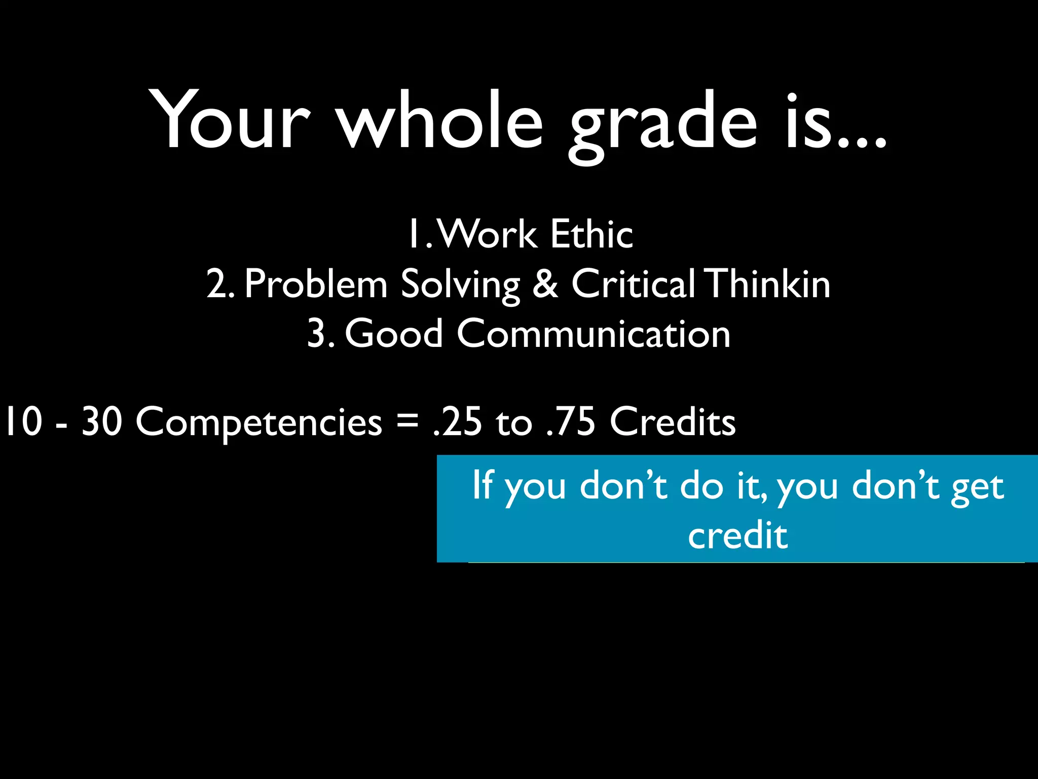 Your whole grade is...
1. Work Ethic
2. Problem Solving & Critical Thinkin
3. Good Communication
10 - 30 Competencies = .25 to .75 Credits
If you don’t do it, you don’t get
credit