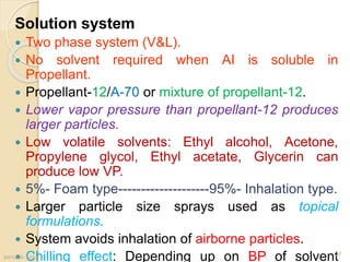 Solution system
 Two phase system (V&L).
 No solvent required when AI is soluble in
Propellant.
 Propellant-12/A-70 or mixture of propellant-12.
 Lower vapor pressure than propellant-12 produces
larger particles.
 Low volatile solvents: Ethyl alcohol, Acetone,
Propylene glycol, Ethyl acetate, Glycerin can
produce low VP.
 5%- Foam type--------------------95%- Inhalation type.
 Larger particle size sprays used as topical
formulations.
 System avoids inhalation of airborne particles.
 Chilling effect: Depending up on BP of solventaerosol- scs
27
 