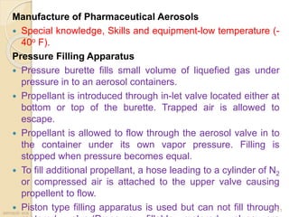 Manufacture of Pharmaceutical Aerosols
 Special knowledge, Skills and equipment-low temperature (-
40o F).
Pressure Filling Apparatus
 Pressure burette fills small volume of liquefied gas under
pressure in to an aerosol containers.
 Propellant is introduced through in-let valve located either at
bottom or top of the burette. Trapped air is allowed to
escape.
 Propellant is allowed to flow through the aerosol valve in to
the container under its own vapor pressure. Filling is
stopped when pressure becomes equal.
 To fill additional propellant, a hose leading to a cylinder of N2
or compressed air is attached to the upper valve causing
propellent to flow.
 Piston type filling apparatus is used but can not fill throughaerosol- scs
41
 