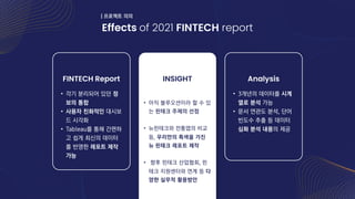 Effects of 2021 FINTECH report
FINTECH Report
• 각기 분리되어 있던 정
보의 통합
• 사용자 친화적인 대시보
드 시각화
• Tableau를 통해 간편하
고 쉽게 최신의 데이터
를 반...