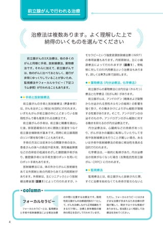 4
　
　前立腺がんの3大治療は、他の多くの
がんと同様に手術、放射線療法、薬物療
法です。それらに加えて、前立腺がんで
は、他のがんに比べておとなしく、進行が
非常にゆっくりしていることが多いため、
監視療法やフォーカルセラピー（下記コ
ラム参照）が行われることもあります。
◆◆手術と放射線療法
　前立腺がんの手術と放射線療法（P.8参照）
は、がんを治すこと（根治）を目的に行われます。
いずれもがんが前立腺の中にとどまっている限
局性がんで最も推奨される治療法です。
　前立腺がんの手術は、前立腺と精嚢を摘出し
た後、排尿路確保のために膀胱と尿道をつなぐ
前立腺全摘除術が基本です。同時に前立腺周囲
のリンパ節を取り除くこともあります。
　手術の方法には従来からの開腹手術のほか、
患者さんの体への負担や尿失禁、男性機能障害
などの合併症の低減をめざした腹腔鏡手術があ
り、腹腔鏡手術には手術支援ロボットを用いた
ロボット手術もあります。
　放射線療法には、体の外からがんに放射線を
あてる外照射と体の内部からあてる内部照射が
あります。外照射は、主にリニアックという放射
線治療装置（図表１）によって行われますが、ト
モセラピーという強度変調放射線治療（IMRT）
の専用装置もあります。内部照射は、主に小線
源療法によって行われますが（図表１）、骨転
移に対してのRI内用療法という治療法もありま
す。詳しくはP.7以降で説明します。
◆◆薬物療法（内分泌療法、化学療法）
　前立腺がんの薬物療法には内分泌（ホルモン）
療法と化学療法（抗がん剤）があります。
　前立腺がんは、アンドロゲン（精巣および副腎
から分泌される男性ホルモンの総称）の影響を
強く受け、その働きかけによりがん細胞が増殖
する性質があります。そこで、アンドロゲンの分
泌そのものや、アンドロゲンのがん細胞に対す
る働きを抑えるのが内分泌療法です。
　内分泌療法は、心臓病などの持病があった
り、がんがほかの臓器に転移していたりして手
術や放射線療法を行うことが難しい場合、ある
いは手術や放射線療法の前後に根治性を高める
目的で行われます。
　化学療法は、一般的に転移があり、内分泌療
法の効果がなくなった場合（去勢抵抗性前立腺
がん・CRPC）に行われます。
◆◆監視療法
　監視療法とは、前立腺がんと診断された際、
すぐに治療を始めなくても余命が変わらないと
前立腺がんで行われる治療
治療法は複数あります。よく理解した上で
　納得のいくものを選んでください
フォーカルセラピー
　
　フォーカルセラピーとは、監視療法
と手術や放射線療法による根治治療
の中間に位置する治療法です。限局
性前立腺がんの治療選択肢の１つとし
て、がんを治療しながら正常組織をで
きるだけ残し、治療と身体機能の維
持の両立を目ざして行われています。
ただし、フォーカルセラピーにはさま
ざまな治療が含まれるため治療の評
価が難しく、現状では十分な根拠が
ありません。担当医とよく相談して治
療法を決めてください。
 