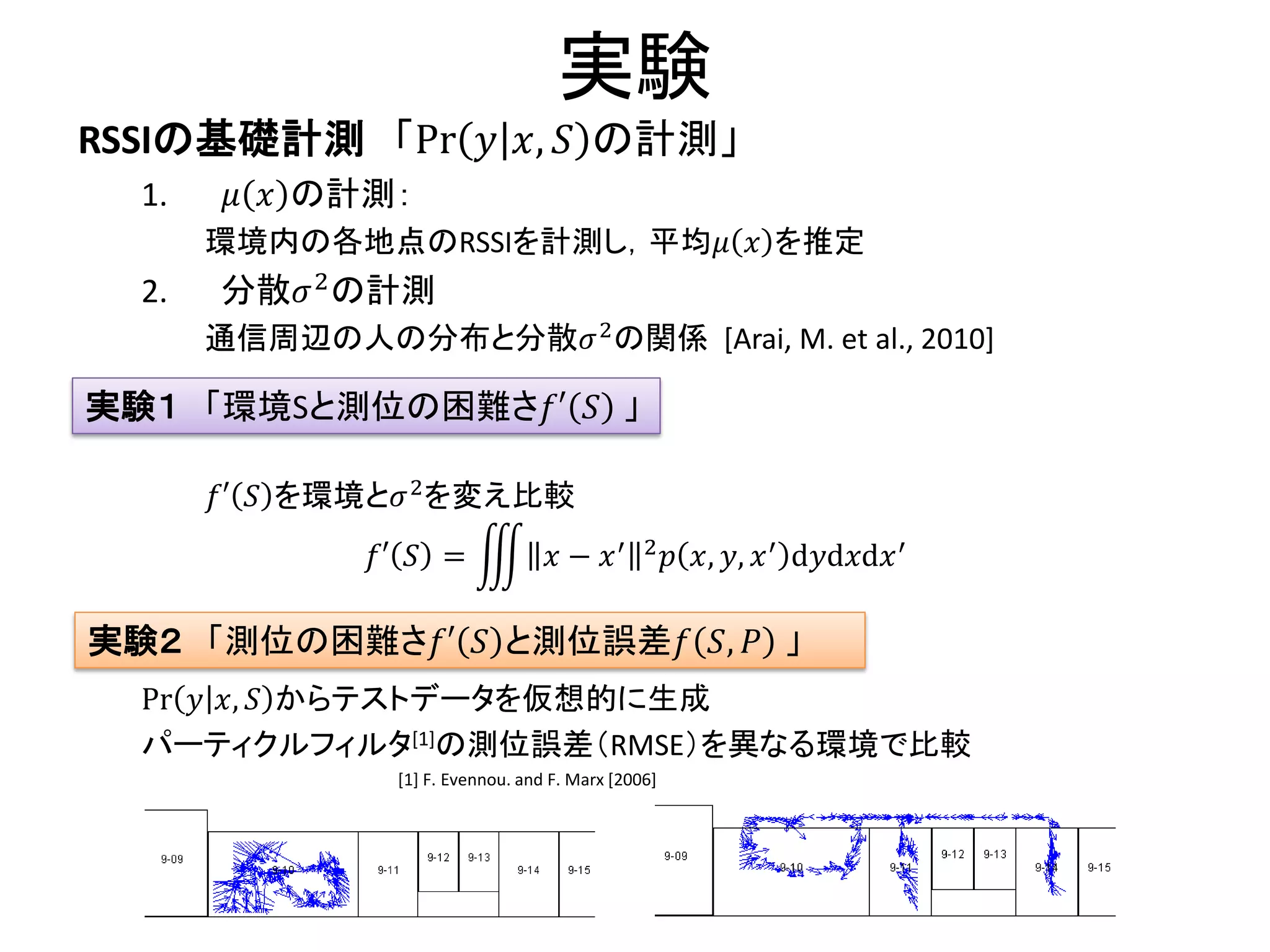 実験 
RSSIの基礎計測 「Pr푦푥,푆の計測」 
1. 휇푥の計測： 
環境内の各地点のRSSIを計測し，平均휇푥を推定 
2. 分散휎2の計測 
通信周辺の人の分布と分散휎2の関係 [Arai, M. et al., 2010] 
푓′푆を環境と휎2を変え比較 
Pr푦푥,푆からテストデータを仮想的に生成 
パーティクルフィルタ[1]の測位誤差（RMSE）を異なる環境で比較 
푓′푆= 푥−푥′2푝푥,푦,푥′d푦d푥d푥′ 
[1] F. Evennou. and F. Marx [2006] 
実験２ 「測位の困難さ푓′푆と測位誤差푓푆,푃 」 
実験１ 「環境Sと測位の困難さ푓′푆 」  