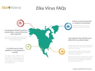 Zika Virus FAQs
No. There is no vaccine to prevent
infection or medicine to treat Zika.
Is there a vaccine to prevent
or medicine to treat Zika?
CDC has issued a travel notice for people traveling
to regions and certain countries where Zika virus
transmission is ongoing.
Until more is known, CDC recommends special
precautions for pregnant women and women
trying to become pregnant:
Women trying to become pregnant should consult
with their healthcare provider before traveling to
these areas and strictly follow steps to prevent
mosquito bites during the trip.
I am pregnant. How will Zika virus
affect me or my unborn baby?
Until more is known, CDC recommends special
precautions for pregnant women and women
trying to become pregnant:
I am pregnant. Should I travel to a
country where cases of Zika have
been reported?
Yes. Using an insect repellent is safe
and effective. Pregnant women and
women who are breastfeeding can
and should choose an EPA-registered
insect repellents and use it according
to the product label.
Is it safe to use an insect
repellent if I am pregnant or
nursing?
www.statreferral.com
 