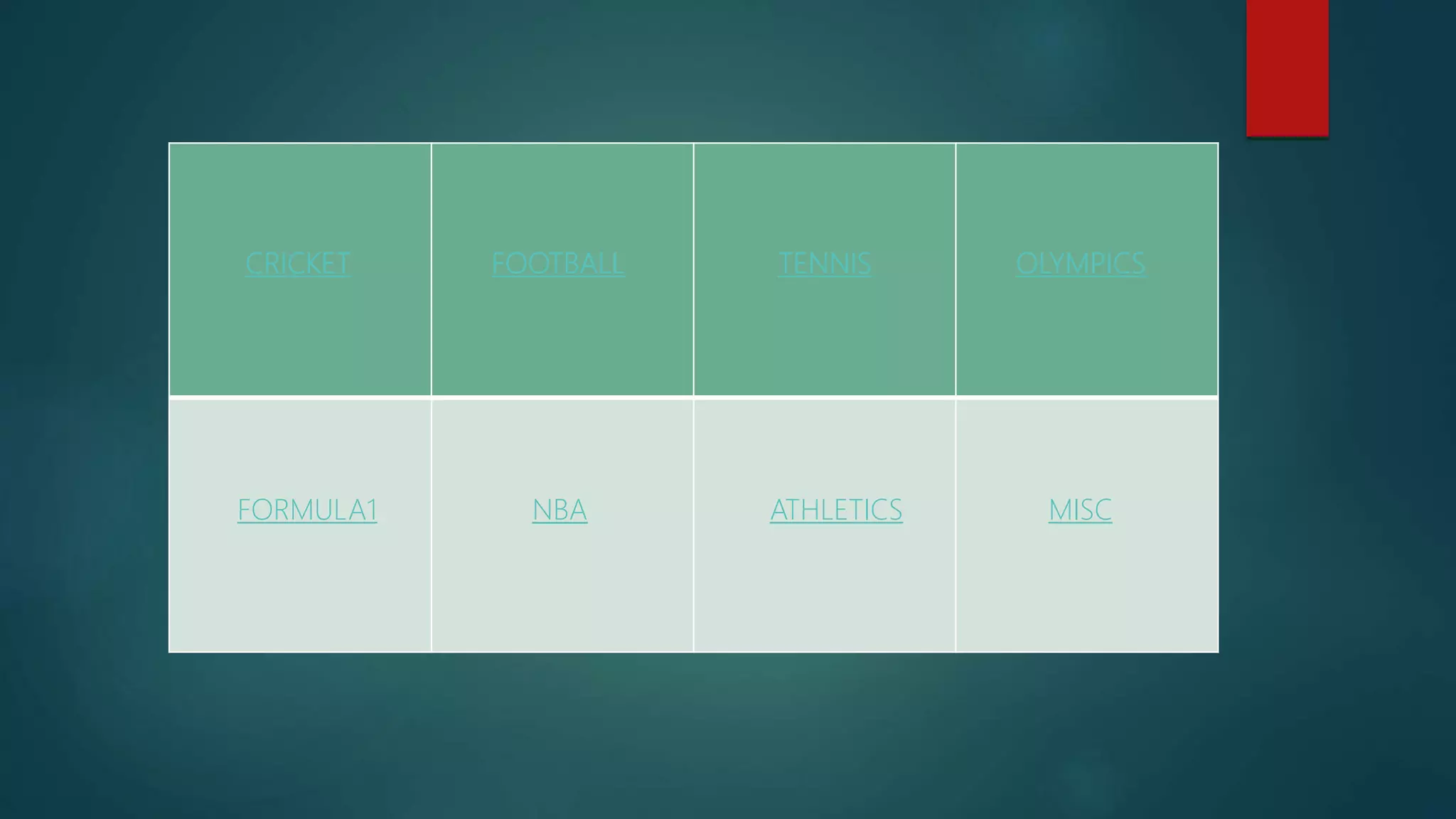 CRICKET FOOTBALL TENNIS OLYMPICS
FORMULA1 NBA ATHLETICS MISC
 