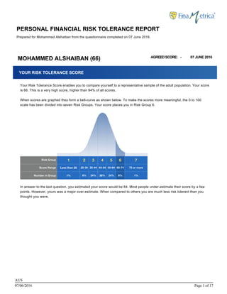 MOHAMMED ALSHAIBAN (66) AGREEDSCORE: - 07 JUNE 2016
PERSONAL FINANCIAL RISK TOLERANCE REPORT
Prepared for Mohammed Alshaiban from the questionnaire completed on 07 June 2016.
YOUR RISK TOLERANCE SCORE
Your Risk Tolerance Score enables you to compare yourself to a representative sample of the adult population. Your score
is 66. This is a very high score, higher than 94% of all scores.
When scores are graphed they form a bell-curve as shown below. To make the scores more meaningful, the 0 to 100
scale has been divided into seven Risk Groups. Your score places you in Risk Group 6.
In answer to the last question, you estimated your score would be 84. Most people under-estimate their score by a few
points. However, yours was a major over-estimate. When compared to others you are much less risk tolerant than you
thought you were.
07/06/2016 Page 1 of 17
AUS
 