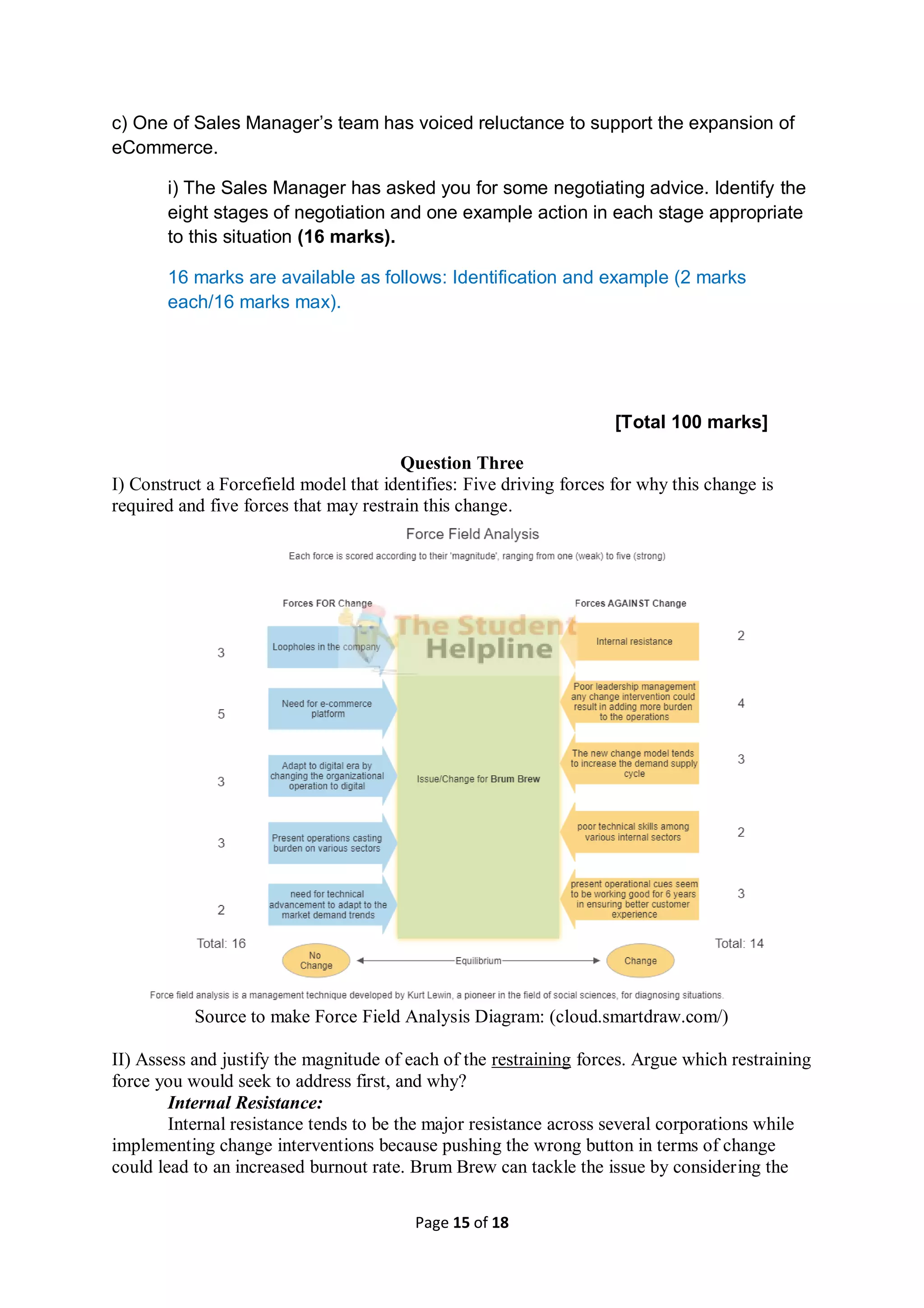 Page 15 of 18
c) One of Sales Manager’s team has voiced reluctance to support the expansion of
eCommerce.
i) The Sales Manager has asked you for some negotiating advice. Identify the
eight stages of negotiation and one example action in each stage appropriate
to this situation (16 marks).
16 marks are available as follows: Identification and example (2 marks
each/16 marks max).
[Total 100 marks]
Question Three
I) Construct a Forcefield model that identifies: Five driving forces for why this change is
required and five forces that may restrain this change.
Source to make Force Field Analysis Diagram: (cloud.smartdraw.com/)
II) Assess and justify the magnitude of each of the restraining forces. Argue which restraining
force you would seek to address first, and why?
Internal Resistance:
Internal resistance tends to be the major resistance across several corporations while
implementing change interventions because pushing the wrong button in terms of change
could lead to an increased burnout rate. Brum Brew can tackle the issue by considering the
 