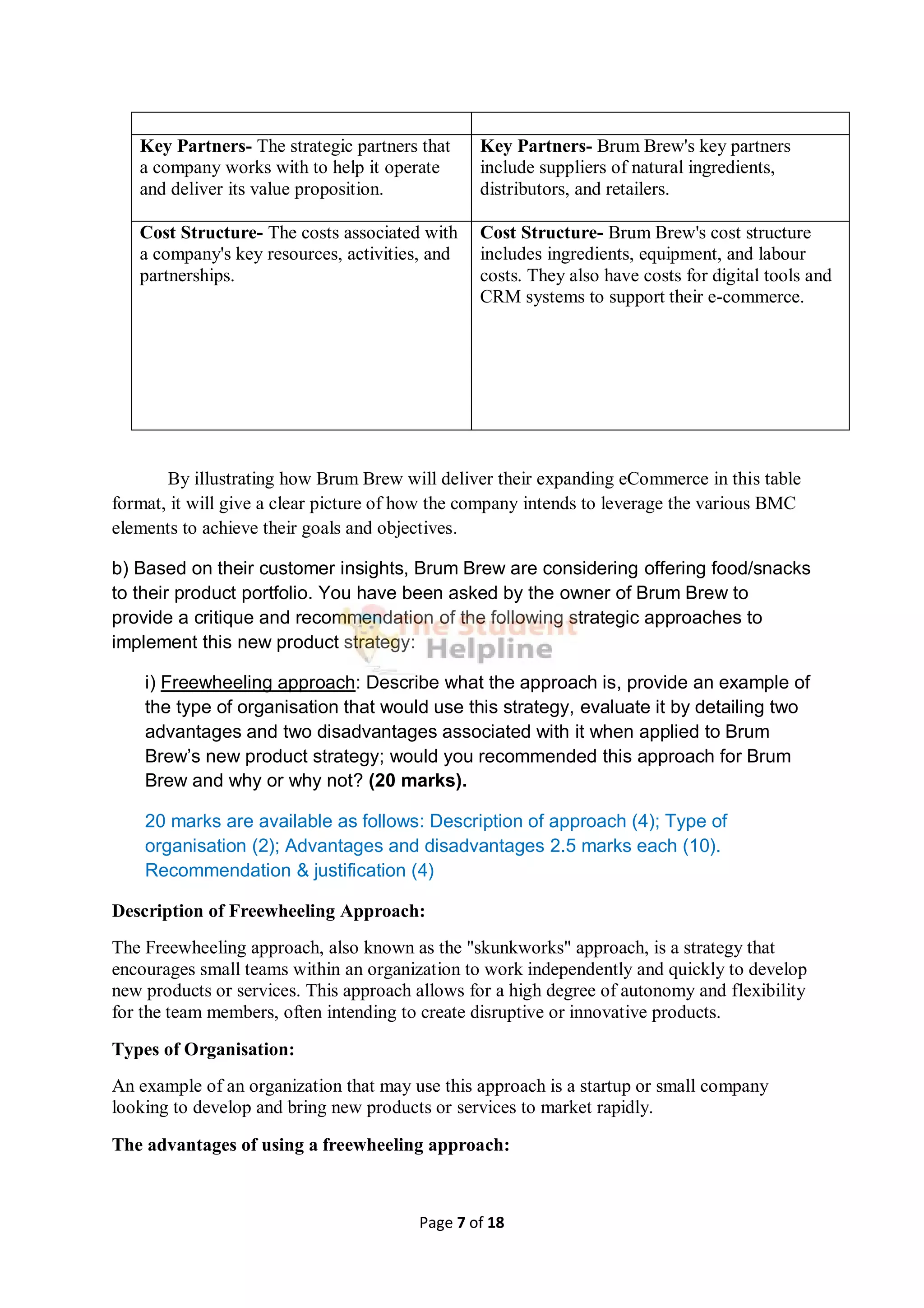Page 7 of 18
Key Partners- The strategic partners that
a company works with to help it operate
and deliver its value proposition.
Key Partners- Brum Brew's key partners
include suppliers of natural ingredients,
distributors, and retailers.
Cost Structure- The costs associated with
a company's key resources, activities, and
partnerships.
Cost Structure- Brum Brew's cost structure
includes ingredients, equipment, and labour
costs. They also have costs for digital tools and
CRM systems to support their e-commerce.
By illustrating how Brum Brew will deliver their expanding eCommerce in this table
format, it will give a clear picture of how the company intends to leverage the various BMC
elements to achieve their goals and objectives.
b) Based on their customer insights, Brum Brew are considering offering food/snacks
to their product portfolio. You have been asked by the owner of Brum Brew to
provide a critique and recommendation of the following strategic approaches to
implement this new product strategy:
i) Freewheeling approach: Describe what the approach is, provide an example of
the type of organisation that would use this strategy, evaluate it by detailing two
advantages and two disadvantages associated with it when applied to Brum
Brew’s new product strategy; would you recommended this approach for Brum
Brew and why or why not? (20 marks).
20 marks are available as follows: Description of approach (4); Type of
organisation (2); Advantages and disadvantages 2.5 marks each (10).
Recommendation & justification (4)
Description of Freewheeling Approach:
The Freewheeling approach, also known as the "skunkworks" approach, is a strategy that
encourages small teams within an organization to work independently and quickly to develop
new products or services. This approach allows for a high degree of autonomy and flexibility
for the team members, often intending to create disruptive or innovative products.
Types of Organisation:
An example of an organization that may use this approach is a startup or small company
looking to develop and bring new products or services to market rapidly.
The advantages of using a freewheeling approach:
 