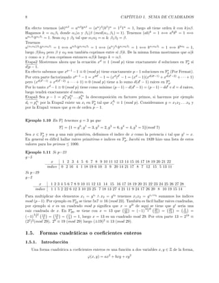 8 CAPÍTULO 1. SUMA DE CUADRADOS
En efecto tenemos (ab)αβ = aαβbαβ = (aα)β(bβ)α = 1β1α = 1, luego ab tiene orden k con k|αβ.
Hagamos k = α1β1 donde α1|α y β1|β (mcd(α1, β1) = 1). Tenemos (ab)k = 1 ⇐⇒ akbk = 1 ⇐⇒
aα1β1 bα1β1 = 1. Sean α2 y β2 tal que α1α2 = α  β1β2 = β.
Tenemos
a(α1α2)β1 bα1α2β1 = 1 ⇐⇒ aαβ1 bα1α2β1 = 1 ⇐⇒ (aα)β1 bα1α2β1 = 1 ⇐⇒ bα1α2β1 = 1 ⇐⇒ bkα2 = 1,
luego β|kα2 pero β y α2 son también coprimos entre sí β|k. De la misma forma mostramos que α|k
y como α y β son coprimos entonces αβ|k luego k = αβ.
Etapa2 Mostremos ahora que la ecuación xd ≡ 1 (mod p) tiene exactamente d soluciones en F∗
p si
d|p − 1.
En efecto sabemos que xp−1 −1 ≡ 0 (mod p) tiene exactamente p−1 soluciones en F∗
p (Por Fermat).
Por otra parte factorizando xp−1 − 1 = xdd − 1 = (xd)d − 1 = (xd − 1)(xd(d −1) + xd(d −2) + · · · + 1)
pero (xd(d −1) + xd(d −2) + · · · + 1) ≡ 0 (mod p) tiene a lo sumo d(d − 1) raíces en F∗
p.
Por lo tanto xd − 1 ≡ 0 (mod p) tiene como mínimo (p − 1) − d(d − 1) = (p − 1) − dd + d = d raíces,
luego tendrá exactamente d raíces.
Etapa3 Sea p − 1 = pa1
1 pa2
2 . . . pak
k la descomposición en factores primos, si hacemos por ejemplo
di = pai
i por la Etapa2 existe un xi en F∗
p tal que xdi
i ≡ 1 (mod p). Consideramos g = x1x2 . . . xk y
por la Etapa1 vemos que g es de orden p − 1.
Ejemplo 1.10 En F∗
7 tenemos g = 3 ya que
F∗
7 = {1 = g0
, g1
= 3, g2
= 2, g3
= 6, g4
= 4, g5
= 5}(mod 7)
Sea x ∈ F∗
p y sea g una raíz primitiva, denimos el indice de x como la potencia i tal que gi = x.
En general es difícil hallar raíces primitivas e indices en F∗
p, Jacobi en 1839 hizo una lista de estos
valores para los primos ≤ 1000.
Ejemplo 1.11 Si p=23
g=5
x 1 2 3 4 5 6 7 8 9 10 11 12 13 14 15 16 17 18 19 20 21 22
indice 0 2 16 4 1 18 19 6 10 3 9 20 14 21 17 8 7 12 15 5 13 11
Si p=29
g=2
x 1 2 3 4 5 6 7 8 9 10 11 12 13 14 15 16 17 18 19 20 21 22 23 24 25 26 27 28
indice 1 1 5 2 22 6 12 3 10 23 25 7 18 13 27 4 21 11 9 24 17 26 20 8 10 19 15 14
Para multiplicar dos elementos x1 = gi1 ∧ x2 = gi2 tenemos x1x2 = gi1+i2 sumamos los índices
mod (p−1). Por ejemplo en F∗
23 se tiene 5x7 ≡ 16 (mod 23). También es fácil hallar raíces cuadradas,
por ejemplo si x es un cuadrado mod p signica que x = g2i de aquí se tiene que gi seria una
raíz cuadrada de x. En F∗
29, se tiene con x = 13 que 13
29 = (−1)
12·18
2
29
13 = 29
13 = 3
13 =
(−1)
2·12
2
13
3 = 13
3 = 1
3 = 1, luego x = 13 es un cuadrado mod 29. Por otra parte 13 = 218 ≡
(22)2(mod 29), 29 ≡ 19 (mod 29) luego (±19)2 ≡ 13 (mod 29).
1.5. Formas cuadráticas o coecientes enteros
1.5.1. Introducción
Una forma cuadrática a coecientes enteros es una función a dos variables x, y ∈ Z de la forma,
ϕ(x, y) = ax2
+ bxy + cy2
 