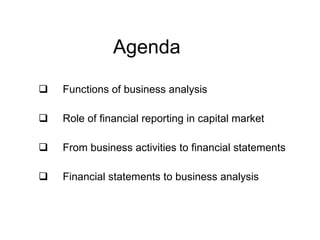 Agenda Functions of business analysis Role of financial reporting in capital market From business activities to financial statements Financial statements to business analysis 