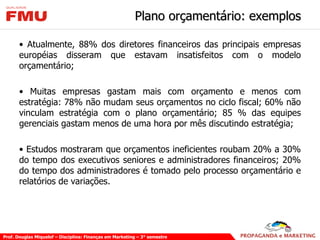 Plano orçamentário: exemplos Atualmente, 88% dos diretores financeiros das principais empresas européias disseram que estavam insatisfeitos com o modelo orçamentário; Muitas empresas gastam mais com orçamento e menos com estratégia: 78% não mudam seus orçamentos no ciclo fiscal; 60% não vinculam estratégia com o plano orçamentário; 85 % das equipes gerenciais gastam menos de uma hora por mês discutindo estratégia; Estudos mostraram que orçamentos ineficientes roubam 20% a 30% do tempo dos executivos seniores e administradores financeiros; 20% do tempo dos administradores é tomado pelo processo orçamentário e relatórios de variações. 