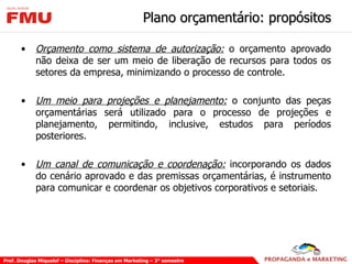 Plano orçamentário: propósitos Orçamento como sistema de autorização:  o orçamento aprovado não deixa de ser um meio de liberação de recursos para todos os setores da empresa, minimizando o processo de controle. Um meio para projeções e planejamento:  o conjunto das peças orçamentárias será utilizado para o processo de projeções e planejamento, permitindo, inclusive, estudos para períodos posteriores. Um canal de comunicação e coordenação:  incorporando os dados do cenário aprovado e das premissas orçamentárias, é instrumento para comunicar e coordenar os objetivos corporativos e setoriais. 