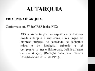 CRIA UMAAUTARQUIA:
Conforme o art. 37 da CF/88 inciso XIX;
XIX - somente por lei específica poderá ser
criada autarquia e autorizada a instituição de
empresa pública, de sociedade de economia
mista e de fundação, cabendo à lei
complementar, neste último caso, definir as áreas
de sua atuação; (Redação dada pela Emenda
Constitucional nº 19, de 1998).
AUTARQUIA
 