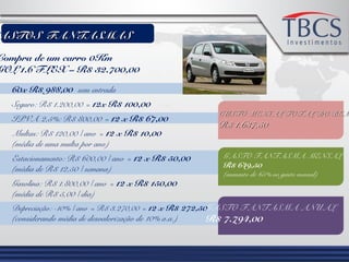 ASTOS FANTASMASASTOS FANTASMAS
Compra de um carro 0Km
GOL 1.6 FLEX – R$ 32.700,00
60x R$ 988,00 sem entrada
Seguro: R$ 1.200,00 = 12x R$ 100,00
IPVA 2,5%: R$ 800,00 = 12 x R$ 67,00
Multas: R$ 120,00 / ano = 12 x R$ 10,00
(média de uma multa por ano)
Estacionamento: R$ 600,00 / ano = 12 x R$ 50,00
(média de R$ 12,50 / semana)
Gasolina: R$ 1.800,00 / ano = 12 x R$ 150,00
(média de R$ 5,00 / dia)
Depreciação: -10% / ano = R$ 3.270,00 = 12 x R$ 272,50
(considerando média de desvalorização de 10% a.a.)
CUSTO MENSAL TOTAL DO BEMCUSTO MENSAL TOTAL DO BEM
R$ 1.637,50R$ 1.637,50
GASTO FANTASMA MENSAL
R$ 649,50
(aumento de 65% no gasto mensal)
GASTO FANTASMA ANUAL
R$ 7.794,00
 