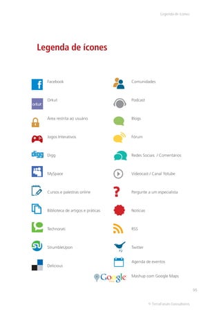 Legenda de ícones




Legenda de ícones


  Facebook                           Comunidades



  Orkut                              Podcast



  Área restrita ao usuário           Blogs



  Jogos Interativos                  Fórum



  Digg                               Redes Sociais / Comentários



  MySpace                            Videocast / Canal Yotube



  Cursos e palestras online          Pergunte a um especialista



  Biblioteca de artigos e práticas   Notícias



  Technorati                         RSS



  StrumbleUpon                       Twitter


                                     Agenda de eventos
  Delicious

                                     Mashup com Google Maps


                                                                           95


                                                © TerraForum Consultores
 