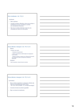 Ativo imobilizado - Art. 179, IV

     Imobilizado:

     •    Bens corpóreos

     •    Inclusão de direitos referentes a bens que envolvam a
          transferência d riscos, b
          t     f ê i de i         benefícios e controle
                                        fí i       t l
          (ex: arrendamento financeiro)

     •    Não inclui os direitos referentes a bens de uma
          concessão por retornar ao ente público




                                                                           28




Ativos diferido e intangível - Art. 179, V e VI
         Diferido
         • Conteúdo mais restrito:

             • Despesas pré-operacionais

             • Gastos incrementais de reestruturação (com geração de
             novas receitas)

             - Retirado do diferido os gastos que configurem tão-somente
             uma redução de custos ou acréscimos na eficiência
             operacional

         Intangível
         • Bens incorpóreos, inclusive fundo de comércio



                                                                           29




Ativos diferido e intangível - Art. 179, V e VI

 Comentários:

 •       Bens e direitos registrados no intangível e diferido são
         objeto de amortização para efeitos fiscais             -
         - arts 324 a 329 do RIR/99 – ex inovação tecnológica
           arts.                       ex.

 •       Conceito de fundo de comércio (goodwill)

 •       Ágio na compra de investimento




                                                                           30




                                                                                10
 