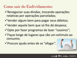 Como sair do Endividamento:
✓Renegociar suas dívidas, trocando operações
rotativas por operações parceladas;
✓Vender algum bem para pagar seus débitos;
✓Vender aquele bem que só lhe dá despesa;
✓Opte por fazer programas de lazer “caseiros”;
✓Fique longe de lugares que são um estímulo ao
consumo;
✓Procure ajuda antes de se “afogar”.
 