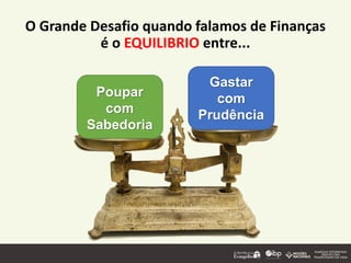 O Grande Desafio quando falamos de Finanças
é o EQUILIBRIO entre...
Gastar
com
Prudência
Poupar
com
Sabedoria
 