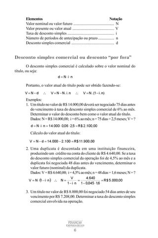 6
FINANÇAS
EMPRESARIAIS
Elementos Notação
Valor nominal ou valor futuro ......................................... N
Valor presente ou valor atual .......................................... V
Taxa de desconto simples ............................................... i
Número de períodos de antecipação ou prazo ................ n
Desconto simples comercial ........................................... d
Desconto simples comercial ou desconto “por fora”
O desconto simples comercial é calculado sobre o valor nominal do
título, ou seja:
Portanto, o valor atual do título pode ser obtido fazendo-se:
Exemplos:
1. Um títulono valordeR$ 14.000,00 deveráser negociado 75 diasantes
do vencimento à taxa do desconto simples comercial de 6% ao mês.
Determinar o valor do desconto bem como o valor atual do título.
Dados:N=R$14.000,00; i=6%aomês;n=75dias=2,5meses;V=?
Cálculo do valor atual do título:
2. Uma duplicata é descontada em uma instituição financeira,
produzindo um crédito na conta do cliente de R$ 4.640,00. Se a taxa
do desconto simples comercial da operação foi de 4,5% ao mês e a
duplicata foi negociada 48 dias antes do vencimento, determinar o
valor futuro (nominal) da duplicata.
Dados:V=R$4.640,00; i=4,5%aomês;n=48dias=1,6meses;N=?
3. Um título no valor de R$ 8.000,00 foi negociado 54 dias antes de seu
vencimento por R$ 7.208,00. Determinar a taxa do desconto simples
comercial envolvida na operação.
 