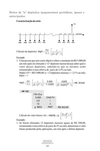 20
FINANÇAS
EMPRESARIAIS
Séries de “n” depósitos (pagamentos) periódicos, iguais e
antecipados
Caracterização da série
Cálculo do depósito:
Exemplo
1. Uma pessoa que tem como objetivo obter o montante de R$ 5.000,00
um mês após ter efetuado o 12o
depósito mensal deseja saber qual o
valor desses depósitos, sabendo-se que os mesmos serão
remunerados à taxa efetiva de juros de 2,5% ao mês.
Dados: FV = R$ 5.000,00; n = 12 depósitos mensais; i = 2,5 % ao mês;
PMT = ?
Cálculo do valor futuro:
Exemplo:
1. Se forem efetuados 12 depósitos mensais iguais de R$ 200,00,
remunerados à taxa efetiva de juros de 2% ao mês, determinar o valor
futuro produzido pelas aplicações, um mês após o último depósito.
 