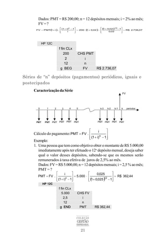 21
COLEÇÃO
GESTÃO
EMPRESARIAL
Dados: PMT = R$ 200,00; n = 12 depósitos mensais; i = 2% ao mês;
FV=?
Séries de “n” depósitos (pagamentos) periódicos, iguais e
postecipados
Caracterização da Série
Cálculo do pagamento:
Exemplo:
1. Uma pessoa que tem como objetivo obter o montante de R$ 5.000,00
imediatamente após ter efetuado o 12o
depósito mensal, deseja saber
qual o valor desses depósitos, sabendo-se que os mesmos serão
remunerados à taxa efetiva de juros de 2,5% ao mês.
Dados: FV = R$ 5.000,00; n = 12 depósitos mensais; i = 2,5 % ao mês;
PMT = ?
 