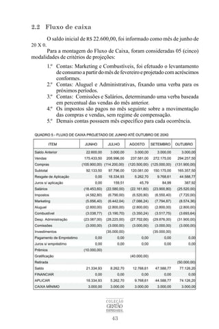 43
COLEÇÃO
GESTÃO
EMPRESARIAL
2.2 Fluxo de caixa
O saldo inicial de R$ 22.600,00, foi informado como mês de junho de
20 X 0.
Para a montagem do Fluxo de Caixa, foram consideradas 05 (cinco)
modalidades de critérios de projeções:
1.º Contas: Marketing e Combustíveis, foi efetuado o levantamento
de consumo a partir do mês de fevereiro e projetado com acréscimos
conformes.
2.º Contas: Aluguel e Administrativas, fixando uma verba para os
próximos períodos.
3.º Contas: Comissões e Salários, determinando uma verba baseada
em percentual das vendas do mês anterior.
4.º Os impostos são pagos no mês seguinte sobre a movimentação
das compras e vendas, sem regime de compensação.
5.º Demais contas possuem mês específico para cada ocorrência.
 