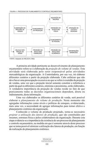 66
FINANÇAS
EMPRESARIAIS
A primeira atividade pertinente ao desenvolvimento do planejamento
orçamentário refere-se à elaboração da projeção do volume de vendas. Esta
atividade será elaborada pelo setor responsável pelas atividades
mercadológicas da organização. A Controladoria, por sua vez, irá elaborar
diferentes cenários a partir da projeção elaborada. Cabe enfatizar que não
deve haver uma preocupação excessiva no que se refere à exatidão da projeção
de vendas, uma vez que a projeção inicial somente constitui a referência a
partir da qual os diferentes cenários, otimistas e pessimistas, serão elaborados.
A verdadeira importância da projeção de vendas reside no fato de que
praticamente todas as decisões organizacionais dependem, direta ou
indiretamente, desta informação.
Uma vez elaborados os diferentes cenários de venda, será possível
elaborar o planejamento do volume de produção. Neste momento são
agregadas informações como níveis e políticas de estoques, evidenciando,
mais uma vez, a necessidade de agregar informações para tornar efetivo o
planejamento sistêmico da organização.
Conhecido o volume de produção projetado, torna-se necessário
projetar a utilização dos fatores de produção, que são constituídos por
insumos, estrutura física e pelos colaboradores da organização. Durante esta
etapa evidencia-se a importância da existência de um processo de planejamento
e controle orçamentário, na medida em que é somente através deste processo
que se torna possível otimizar a utilização dos fatores de produção, em função
da realização do planejamento sistêmico.
 