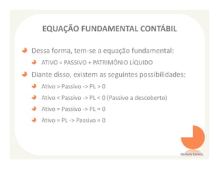EQUAÇÃO FUNDAMENTAL CONTÁBIL

Dessa forma, tem-se a equação fundamental:
   ATIVO = PASSIVO + PATRIMÔNIO LÍQUIDO
Diante disso, existem as seguintes possibilidades:
   Ativo > Passivo -> PL > 0
   Ativo < Passivo -> PL < 0 (Passivo a descoberto)
   Ativo = Passivo -> PL = 0
   Ativo = PL -> Passivo = 0



                                                      Ms Karla Carioca
 