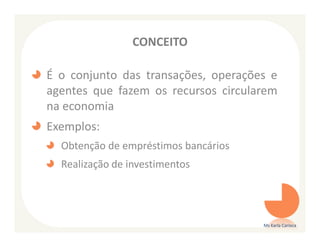 CONCEITO

É o conjunto das transações, operações e
agentes que fazem os recursos circularem
na economia
Exemplos:
  Obtenção de empréstimos bancários
  Realização de investimentos




                                      Ms Karla Carioca
 
