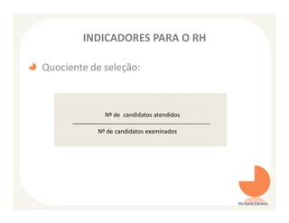 INDICADORES PARA O RH

Quociente de seleção:



             Nº de candidatos atendidos

           Nº de candidatos examinados




                                          Ms Karla Carioca
 