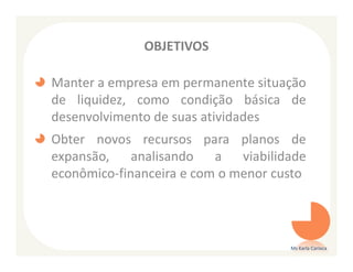 OBJETIVOS

Manter a empresa em permanente situação
de liquidez, como condição básica de
desenvolvimento de suas atividades
Obter novos recursos para planos de
expansão,    analisando   a viabilidade
econômico-financeira e com o menor custo




                                     Ms Karla Carioca
 