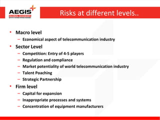 Risks at different levels..

• Macro level
   – Economical aspect of telecommunication industry
• Sector Level
   –   Competition: Entry of 4-5 players
   –   Regulation and compliance
   –   Market potentiality of world telecommunication industry
   –   Talent Poaching
   –   Strategic Partnership
• Firm level
   – Capital for expansion
   – Inappropriate processes and systems
   – Concentration of equipment manufacturers
 