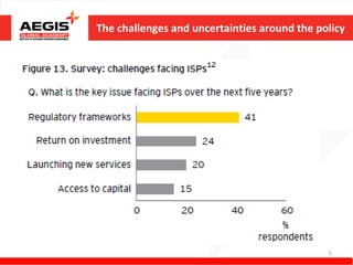 The challenges and uncertainties around the policy


• Faced by new market structures include
  shifting regulatory standpoints on wholesale
  broadband access pricing
• Going forward, new spectrum releases will
  shape 4G market structures
• Continued regulatory pressure
• Rich source of government taxation


                                                         5
 