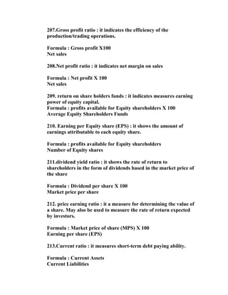 207.Gross profit ratio : it indicates the efficiency of the
production/trading operations.

Formula : Gross profit X100
Net sales

208.Net profit ratio : it indicates net margin on sales

Formula : Net profit X 100
Net sales

209. return on share holders funds : it indicates measures earning
power of equity capital.
Formula : profits available for Equity shareholders X 100
Average Equity Shareholders Funds

210. Earning per Equity share (EPS) : it shows the amount of
earnings attributable to each equity share.

Formula : profits available for Equity shareholders
Number of Equity shares

211.dividend yield ratio : it shows the rate of return to
shareholders in the form of dividends based in the market price of
the share

Formula : Dividend per share X 100
Market price per share

212. price earning ratio : it a measure for determining the value of
a share. May also be used to measure the rate of return expected
by investors.

Formula : Market price of share (MPS) X 100
Earning per share (EPS)

213.Current ratio : it measures short-term debt paying ability.

Formula : Current Assets
Current Liabilities
 
