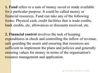 1. Fund refers to a sum of money saved or made available
for a particular purpose. It could be called money or
financial resources. Fund can take any of the following
forms: Physical cash, credit facilities that is trade credits,
bank credits, etc, allowances or discounts received, etc.

2. Financial control involves the task of keeping
expenditures in check and controlling the inflow of revenue,
safe guarding the assets and ensuring that resources are
sufficient to implement the plans and policies and generally
ensuring values for money in terms of the organisation's
resource management and application.


                                       @ Vinci Viveka. M.Ed 2012-13, SXCE
 
